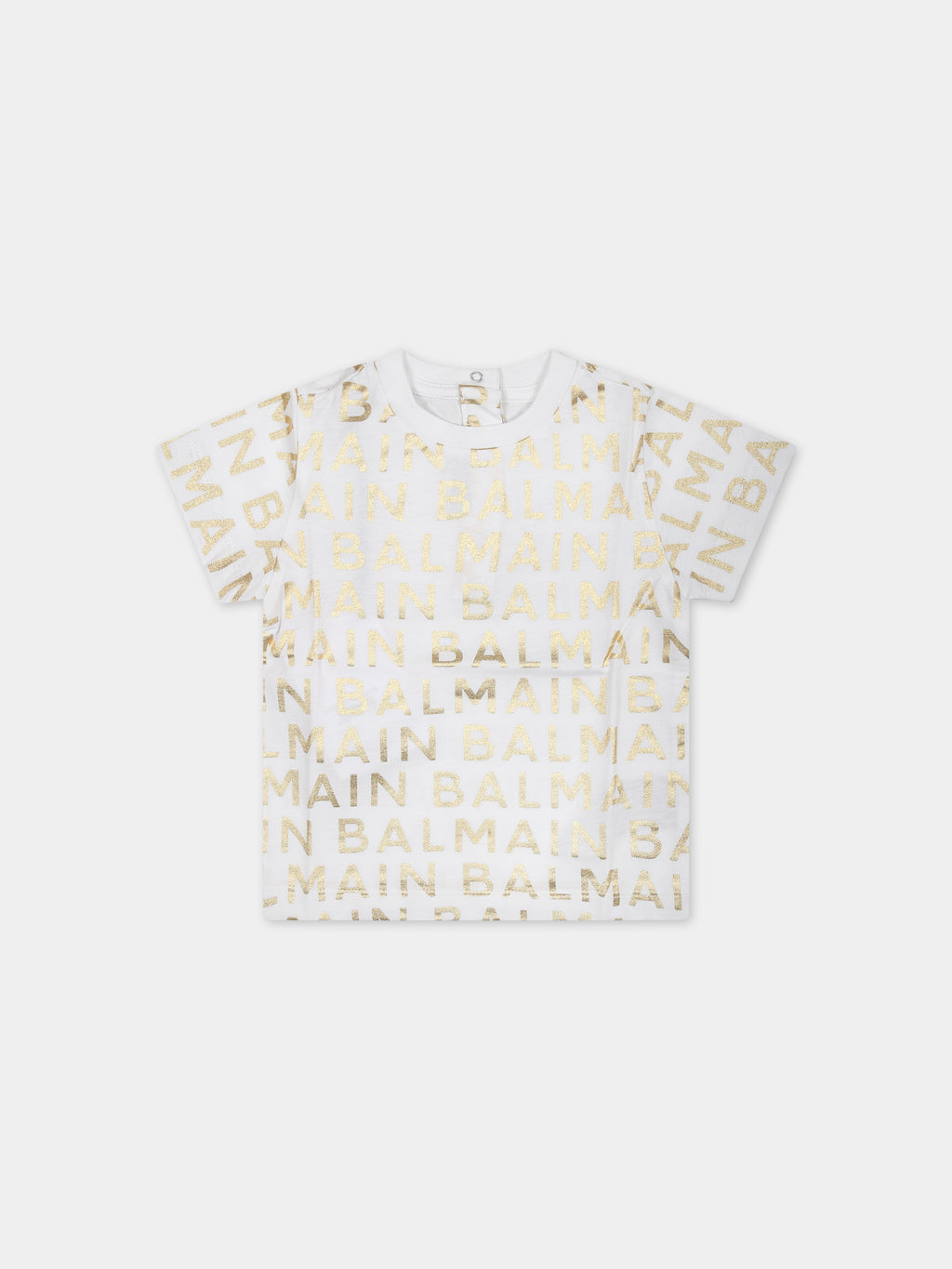 White t-shirt for babies with all-over gold logo