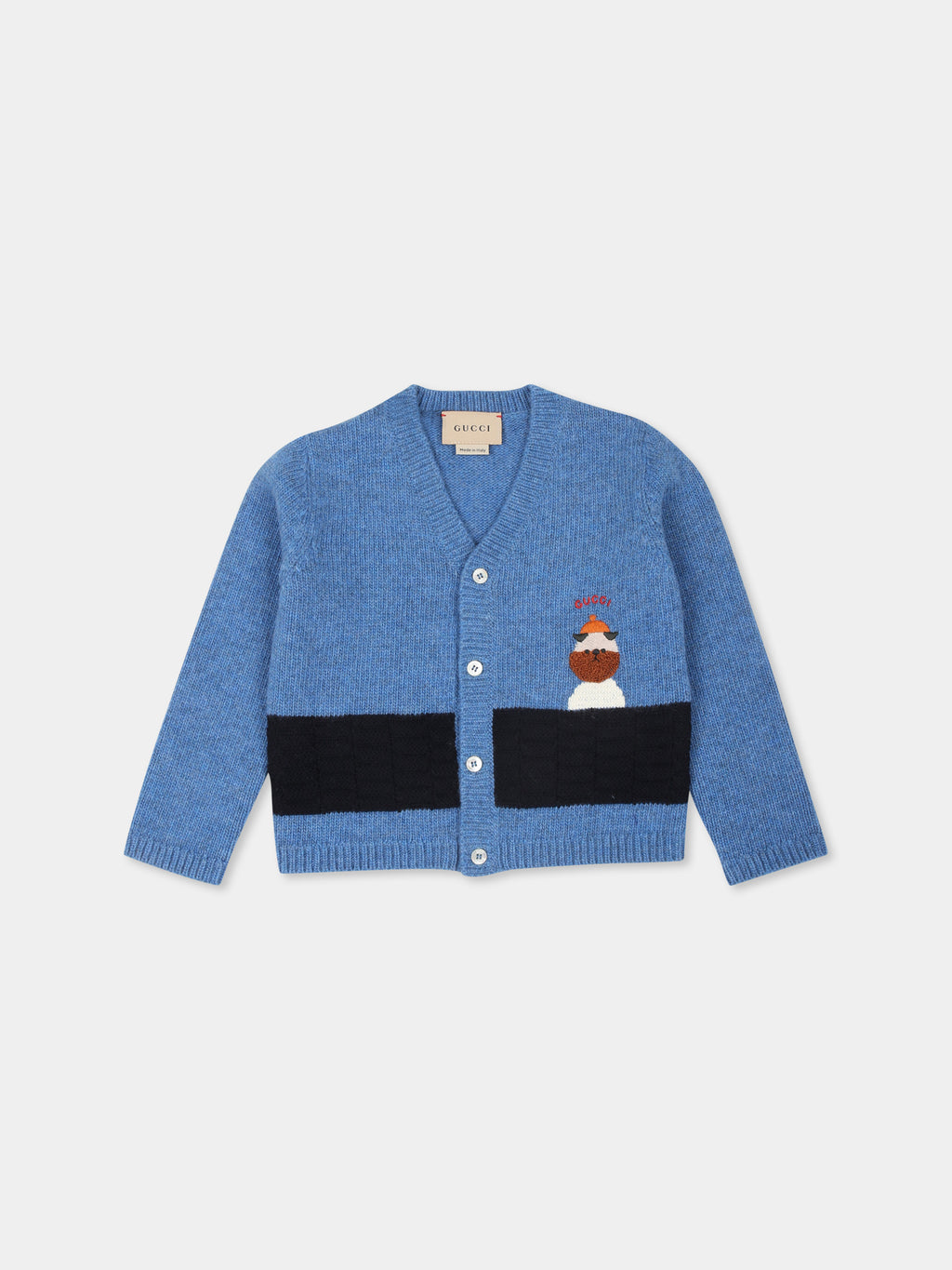 Light blue cardigan for baby boy with dog and logo