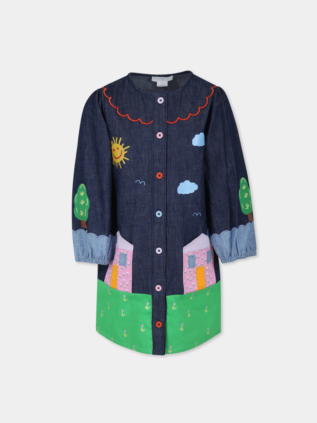 Blue denim dress with houses for girl