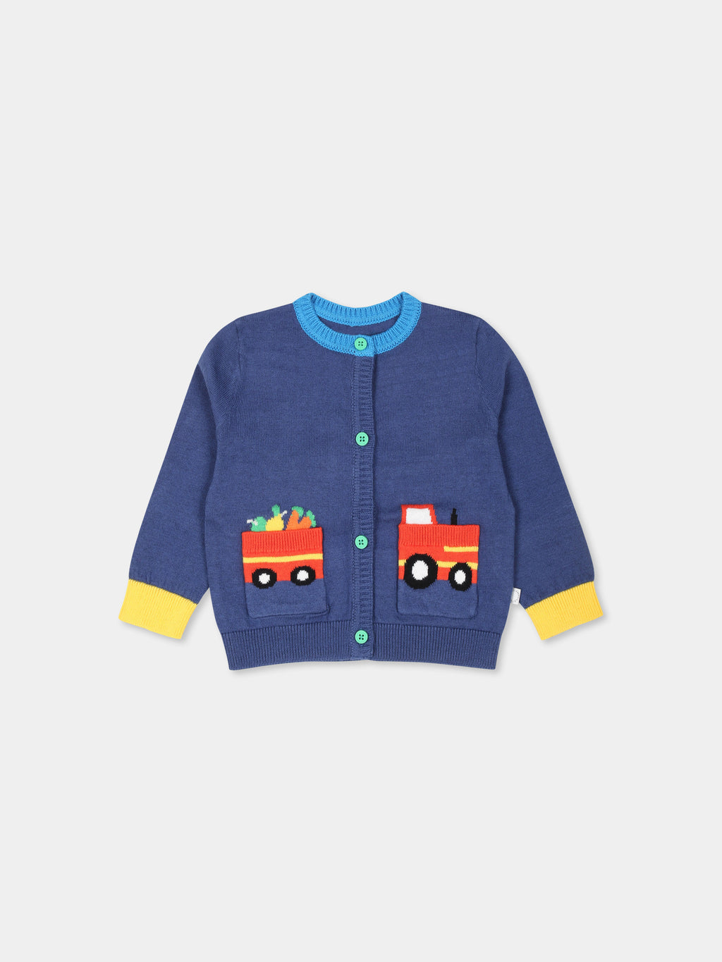 Blue cardigan for baby boy with tractor