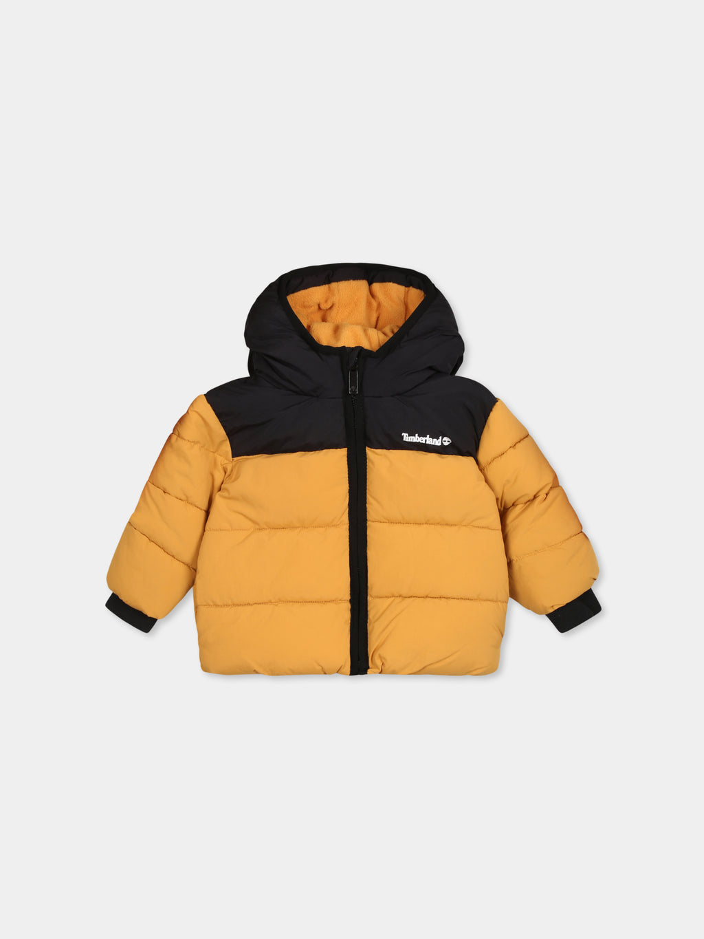 Yellow down jacket for baby boy with logo