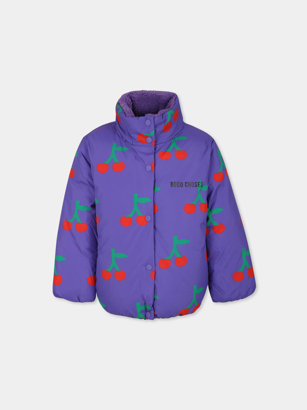 Purple down jacket for girl with cherry print