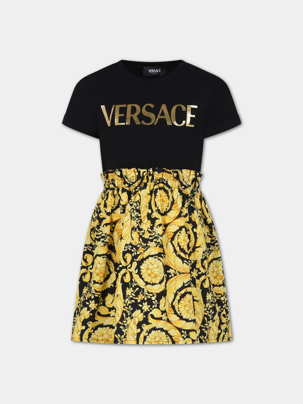 Vestito nero per bambina con logo Versace e stampa barocco