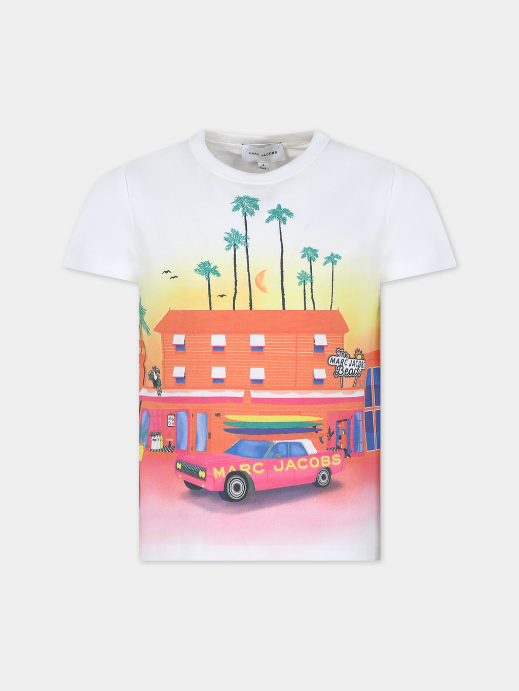 White t-shirt for girl with car print and logo