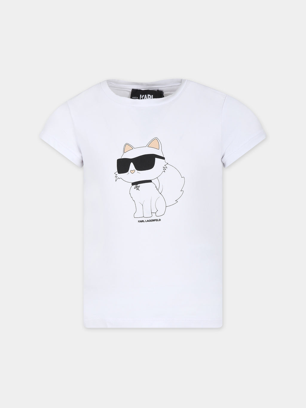 White t-shirt for girl with Choupette print and logo