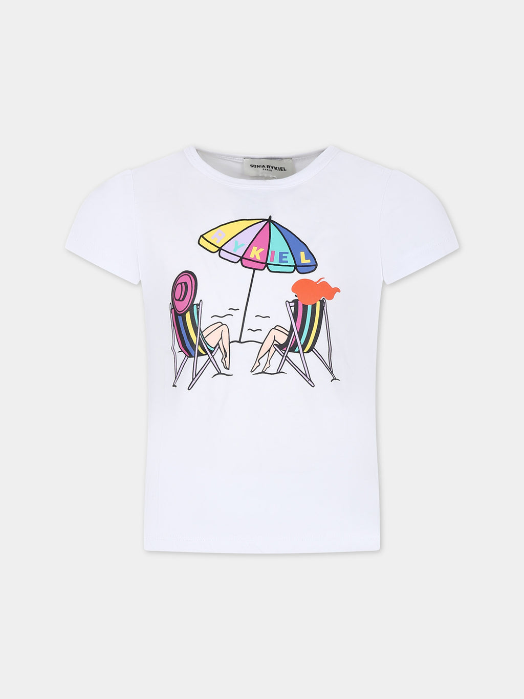 T-shirt blanc pour fille avec imprimé plage