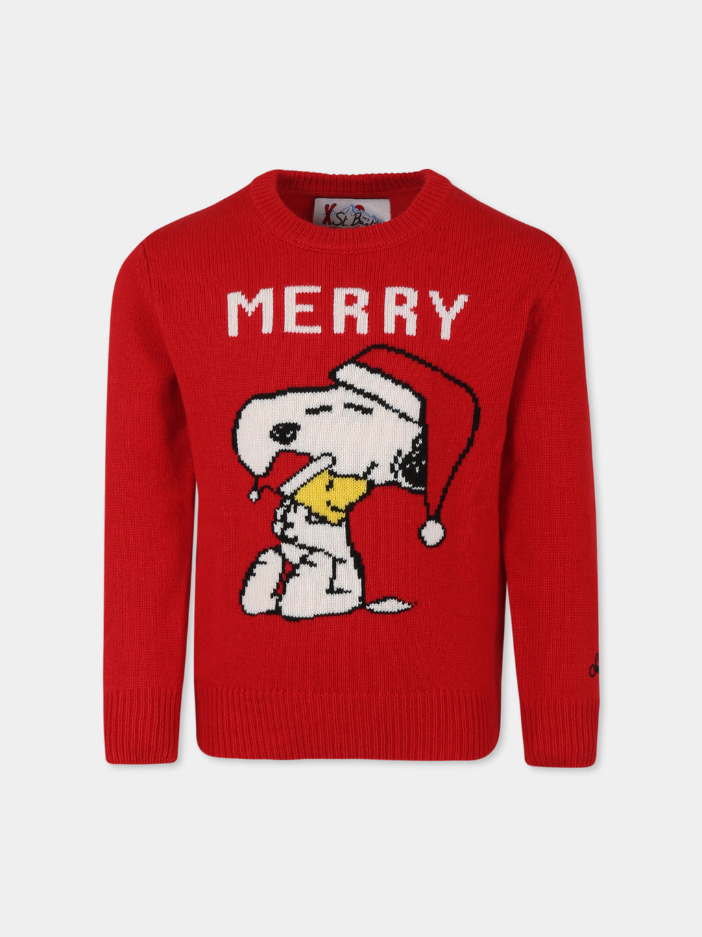 Maglione rosso per bambino con Snoopy natalizio