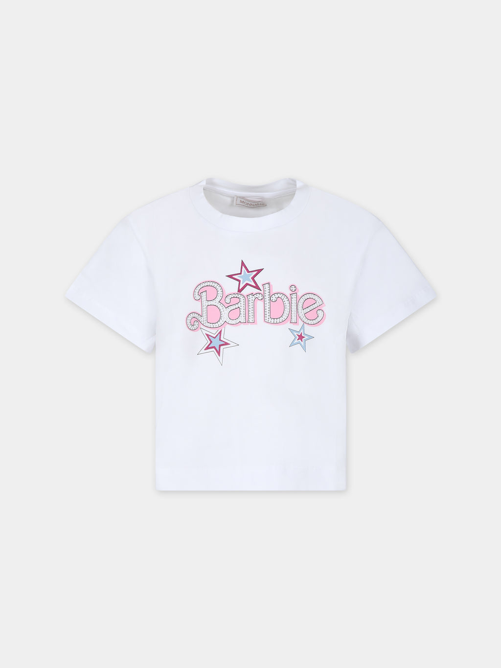 White crop t-shirt for girl with writing and rhinestone