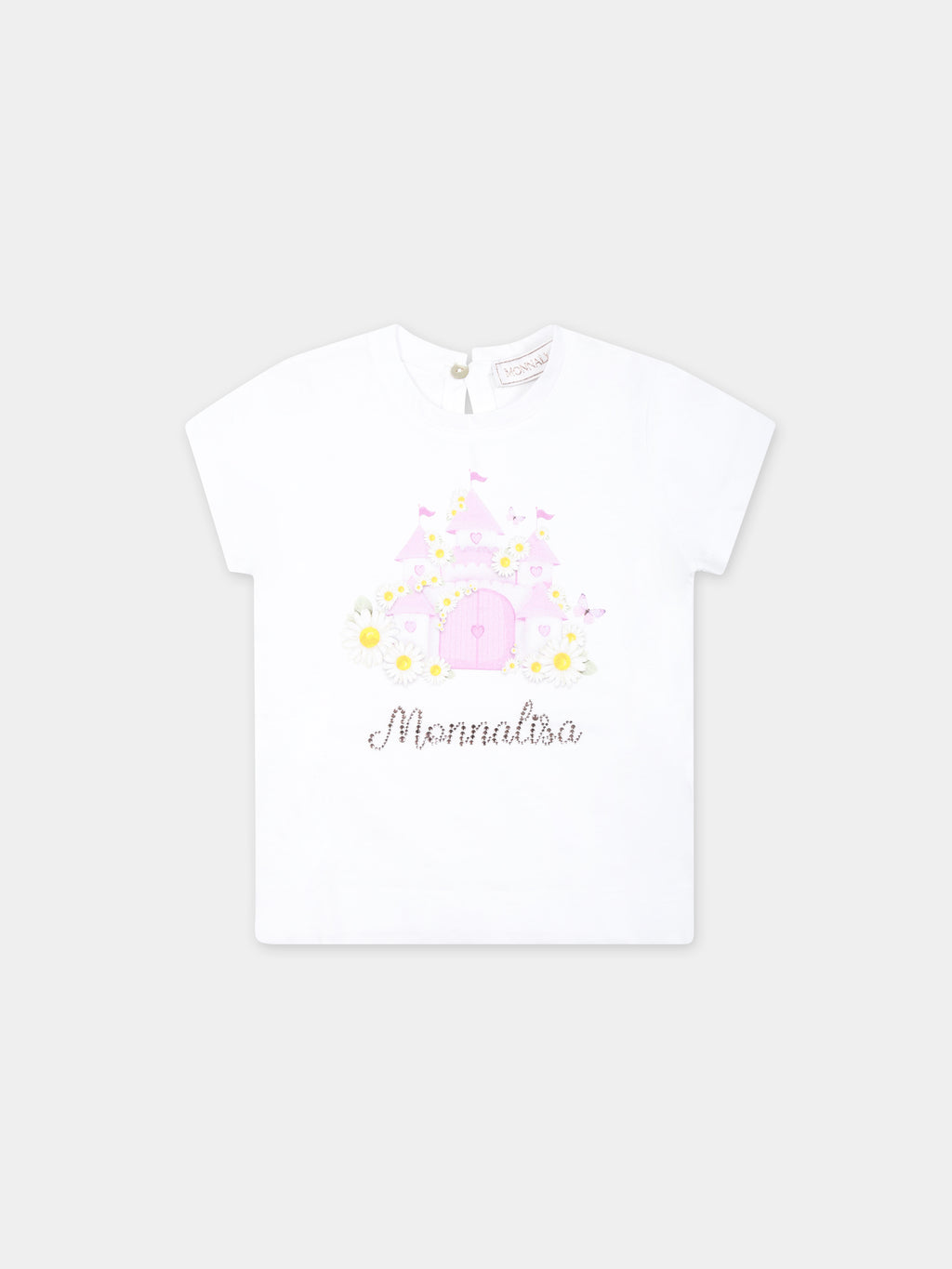 White t-shirt for girl with castle print and logo