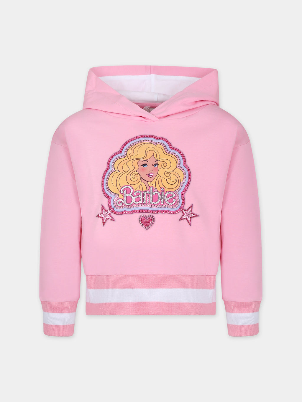 Pink sweatshirt for girl with Barbie print and rhinestone