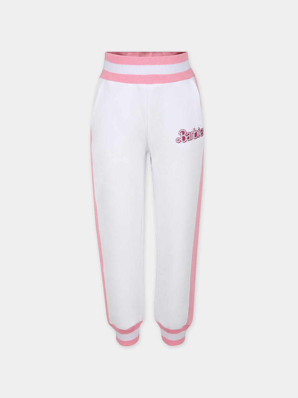 White trousers for girl with writing and rhinestone