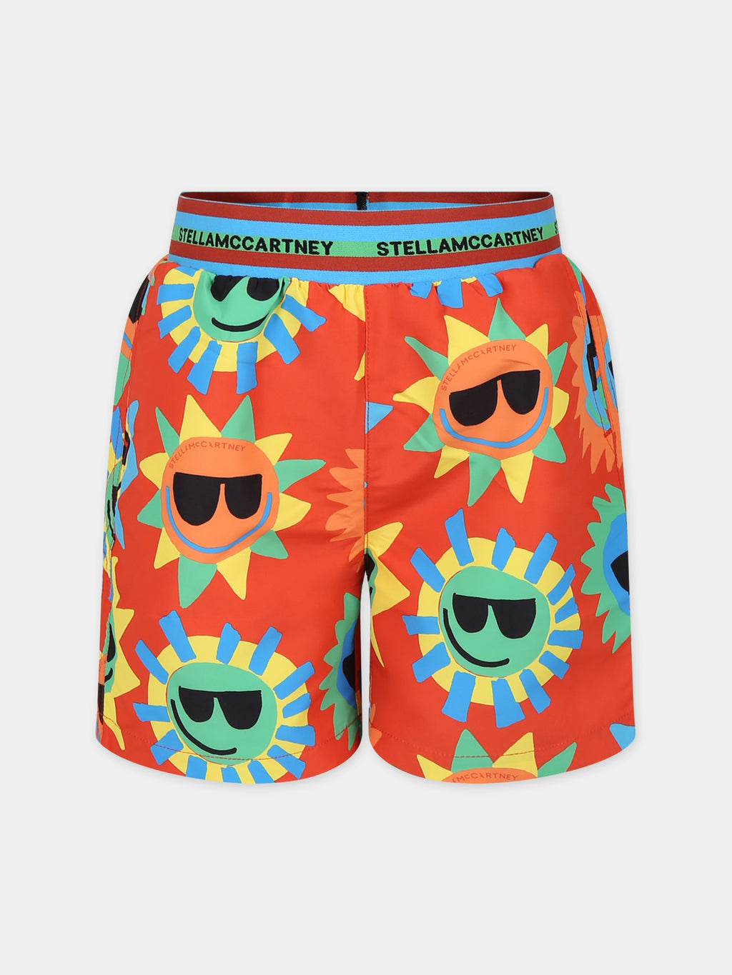 Red swim boxer for boy with sun print