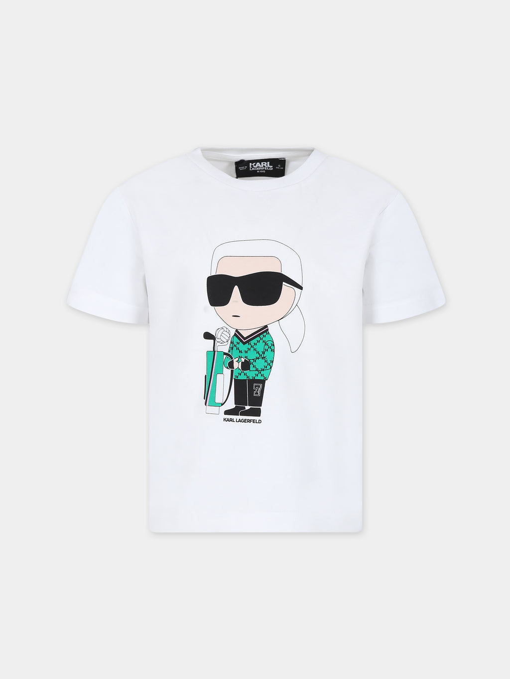 White t-shirt for kids with Karl and golf bag print
