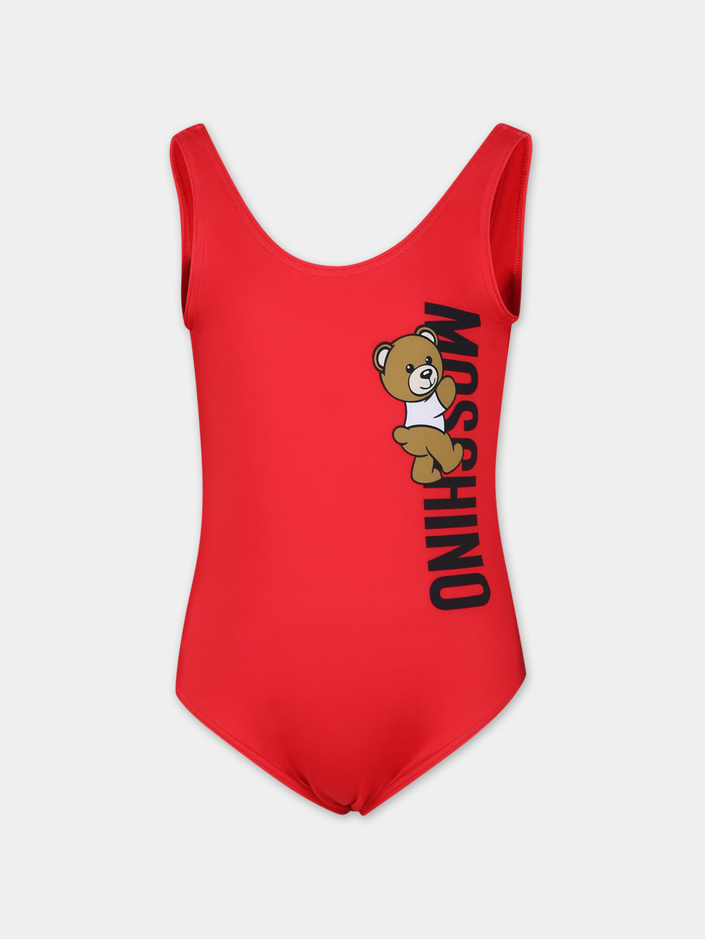 Red swimsuit for girl with Teddy Bear and logo