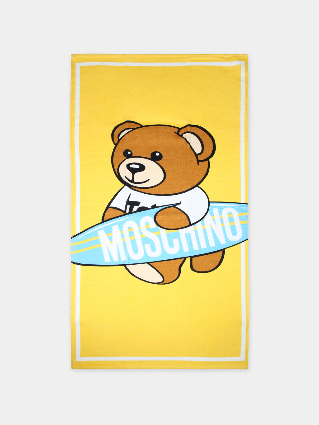 Yellow beach towel for boy with Teddy Bear and surfboard