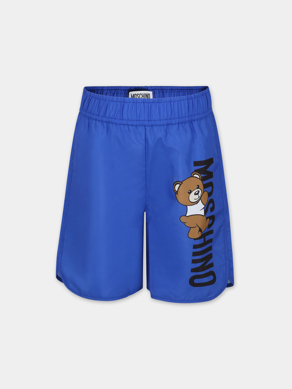 Blue swim shorts for boy with Teddy Bear and logo