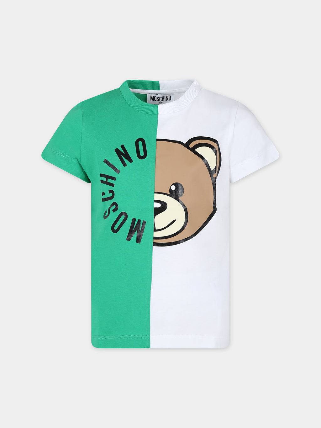 Green t-shirt for kids with Teddy Bear and logo