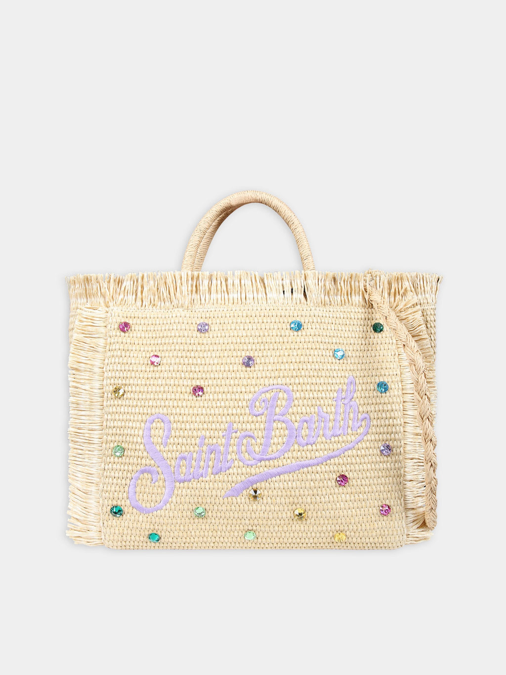 Beige bag for girl with logo and rhinestones