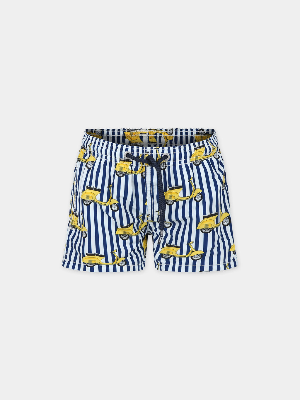 Blue swim shorts for boy with Vespa print