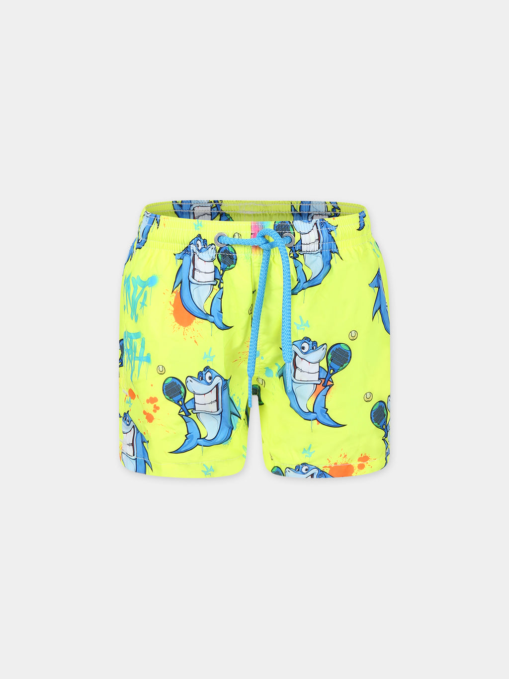 Yellow swim shorts for boy with shark print