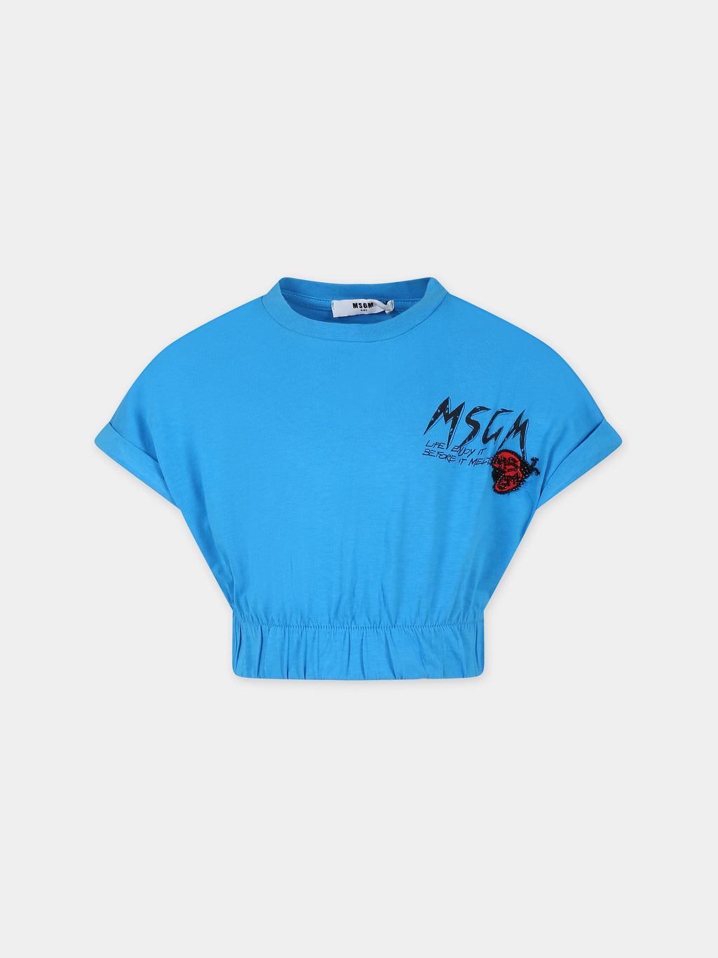 Light blue crop t-shirt for girl with logo and ladybug