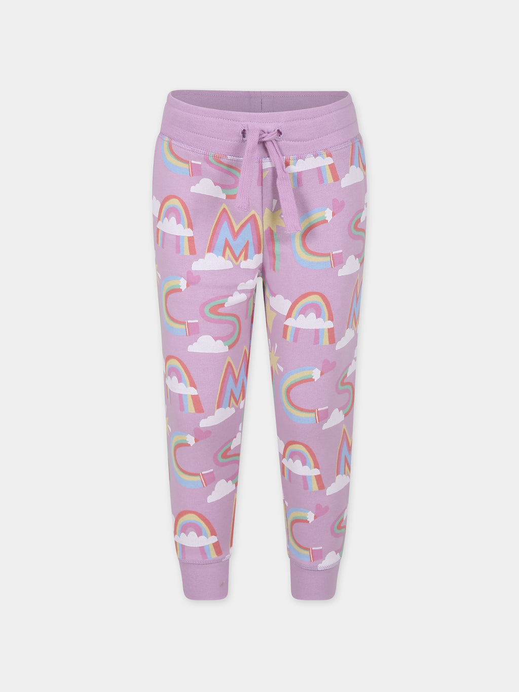 Purple trousers for girl with rainbow logo