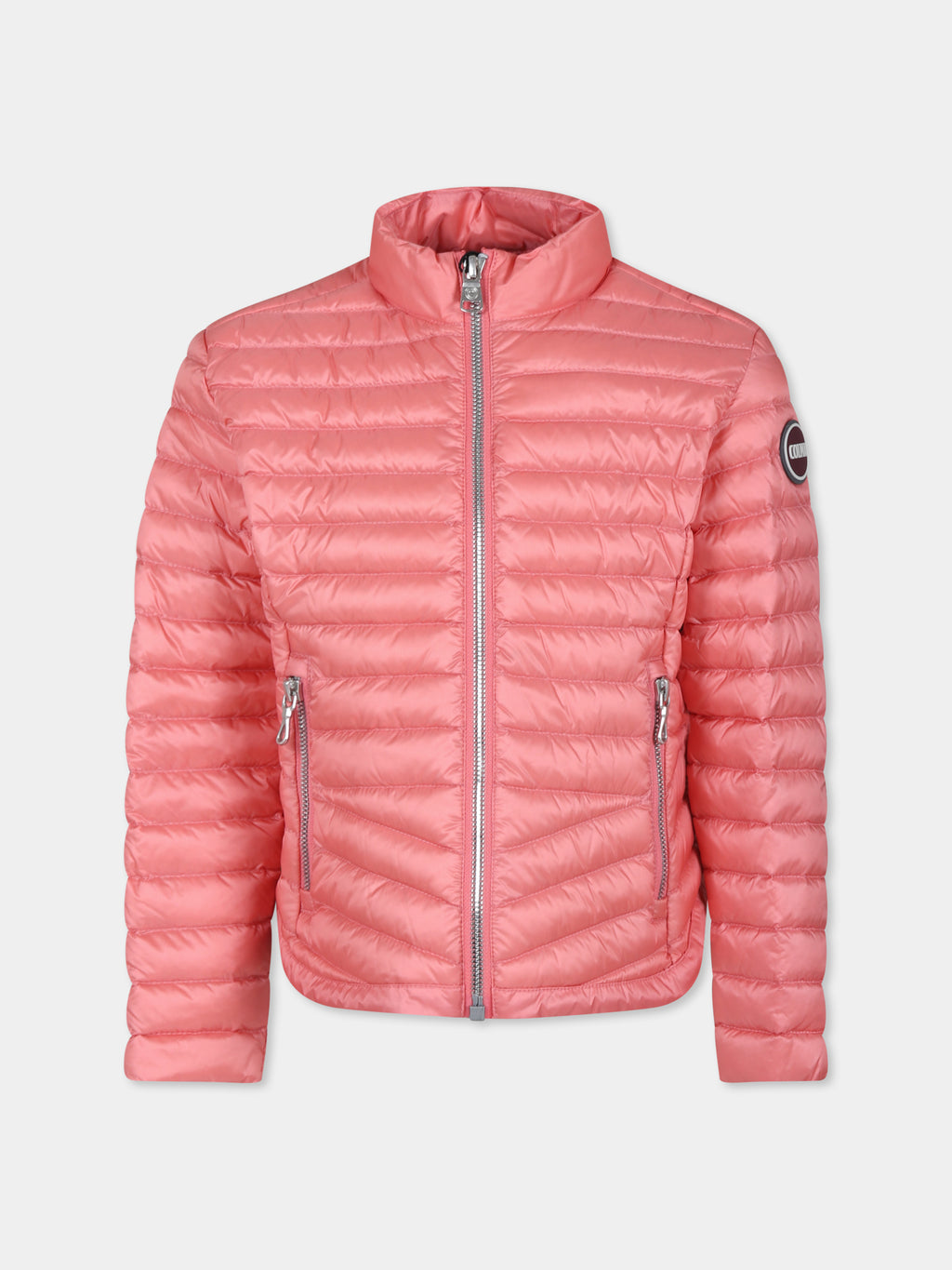 Pink down jacket for girl with logo