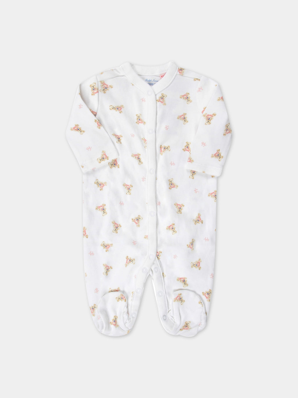 White babygrow for baby girl with pink logo and Teddy Bear