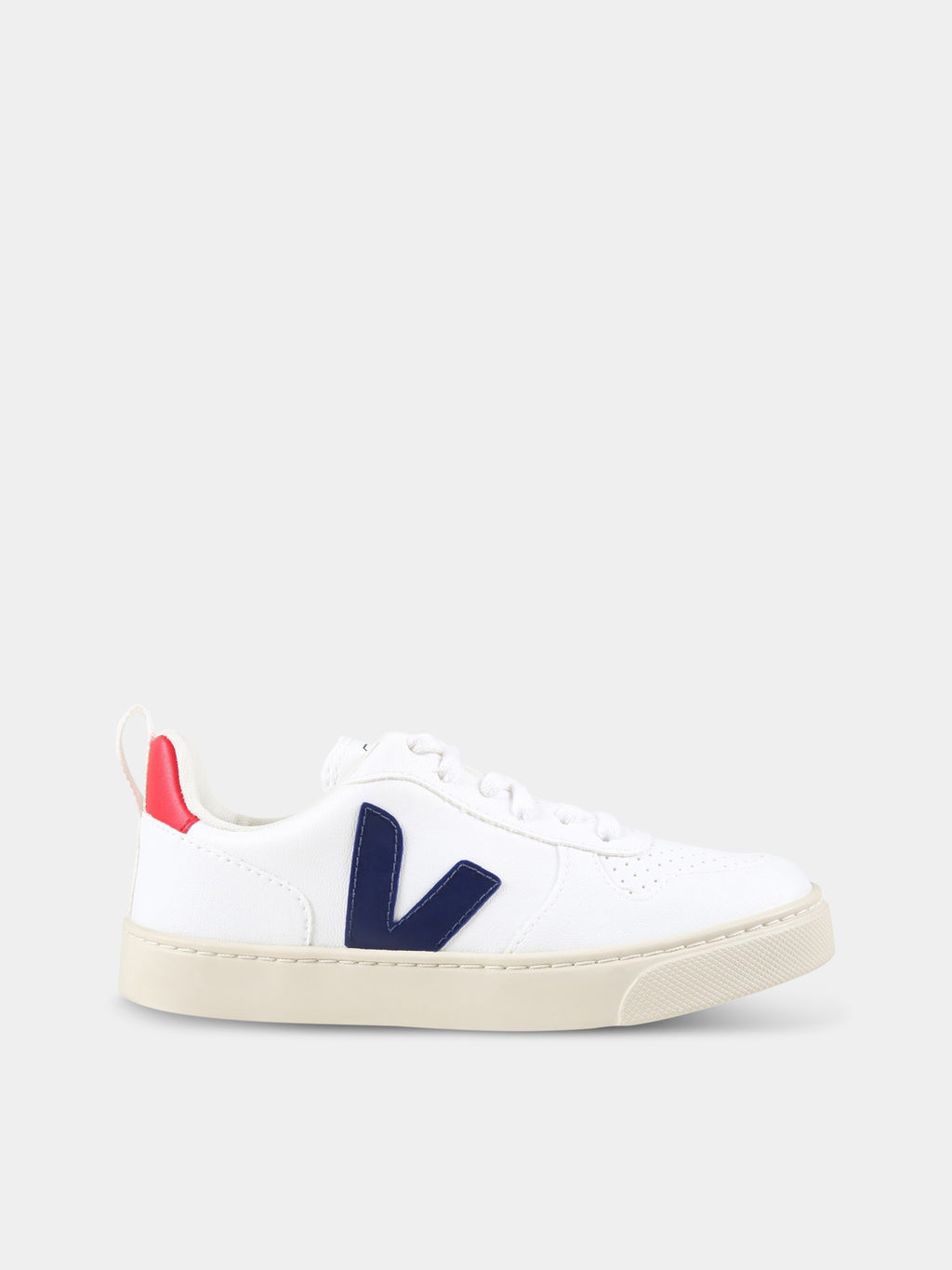 White sneakers for kids with blue logo