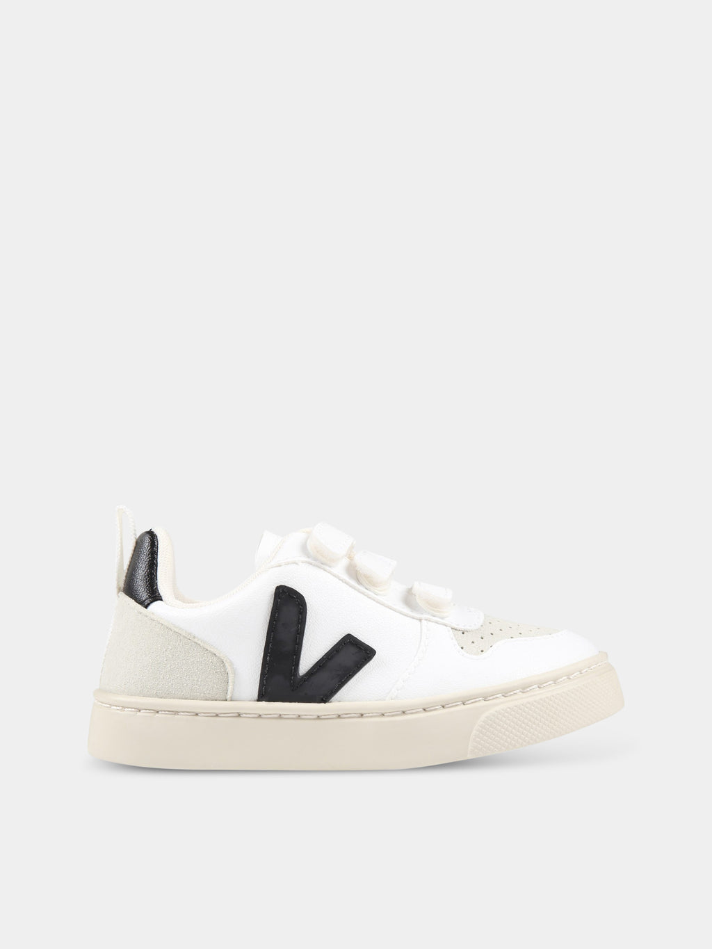 White sneakers for kids with black logo