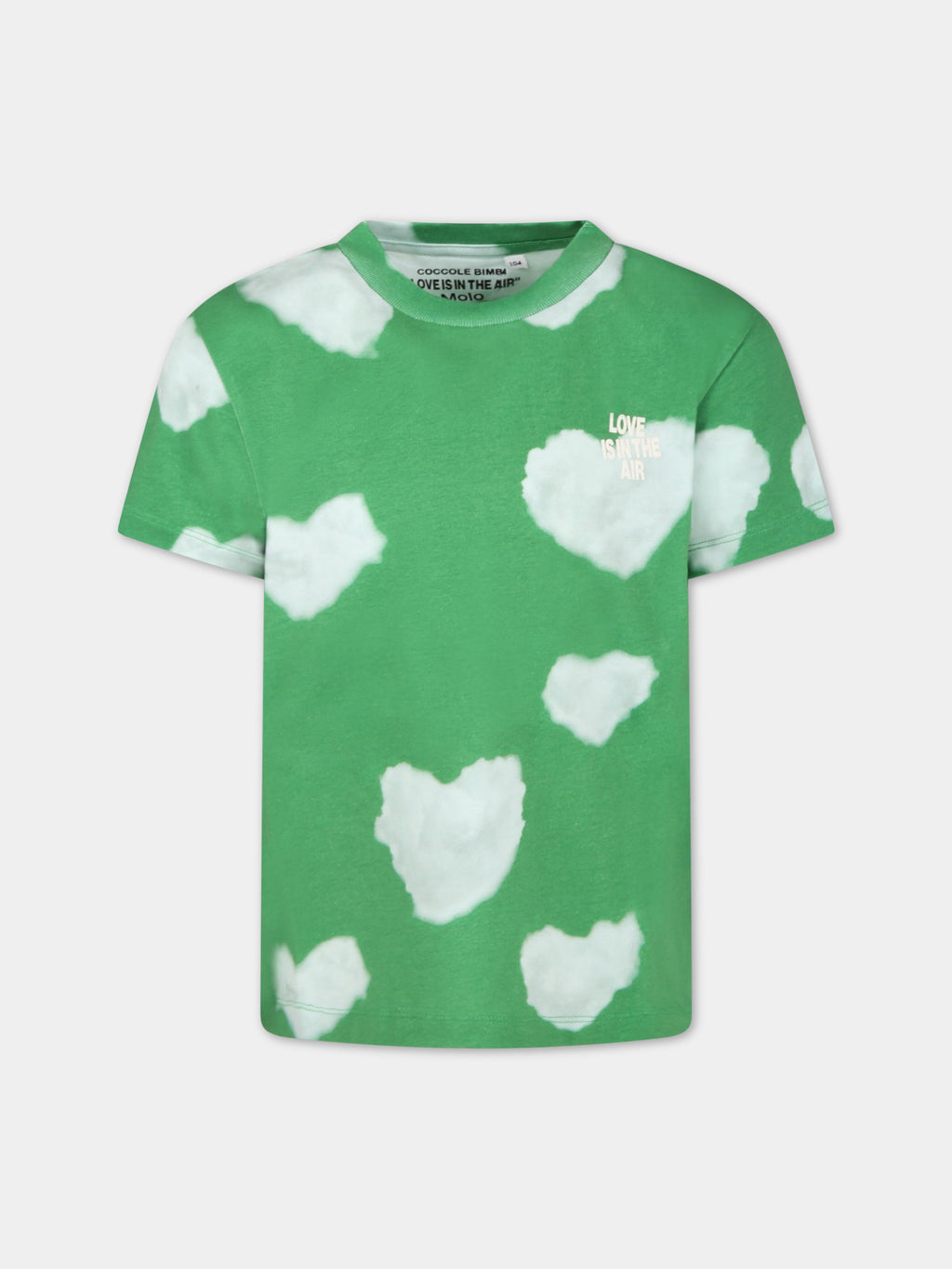 Green t-shirt for kids with iconic white clouds