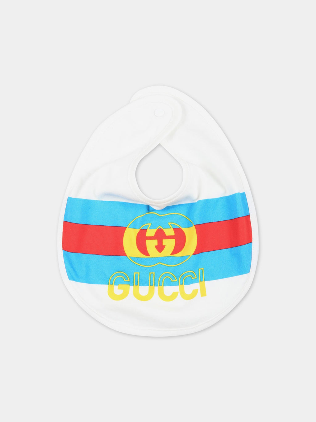 White bib for babies with yellow logo