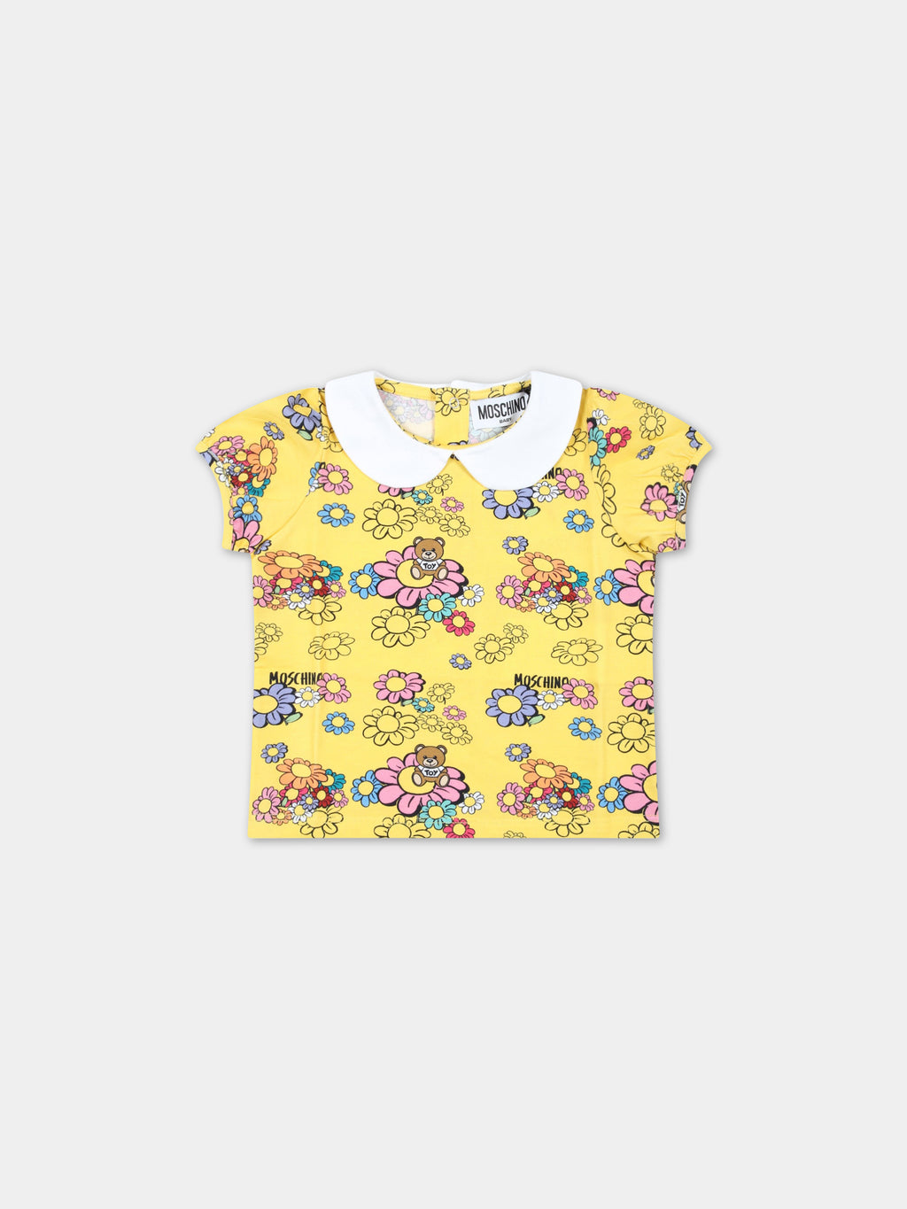 Yellow T-shirt for baby girl with flowers and logo