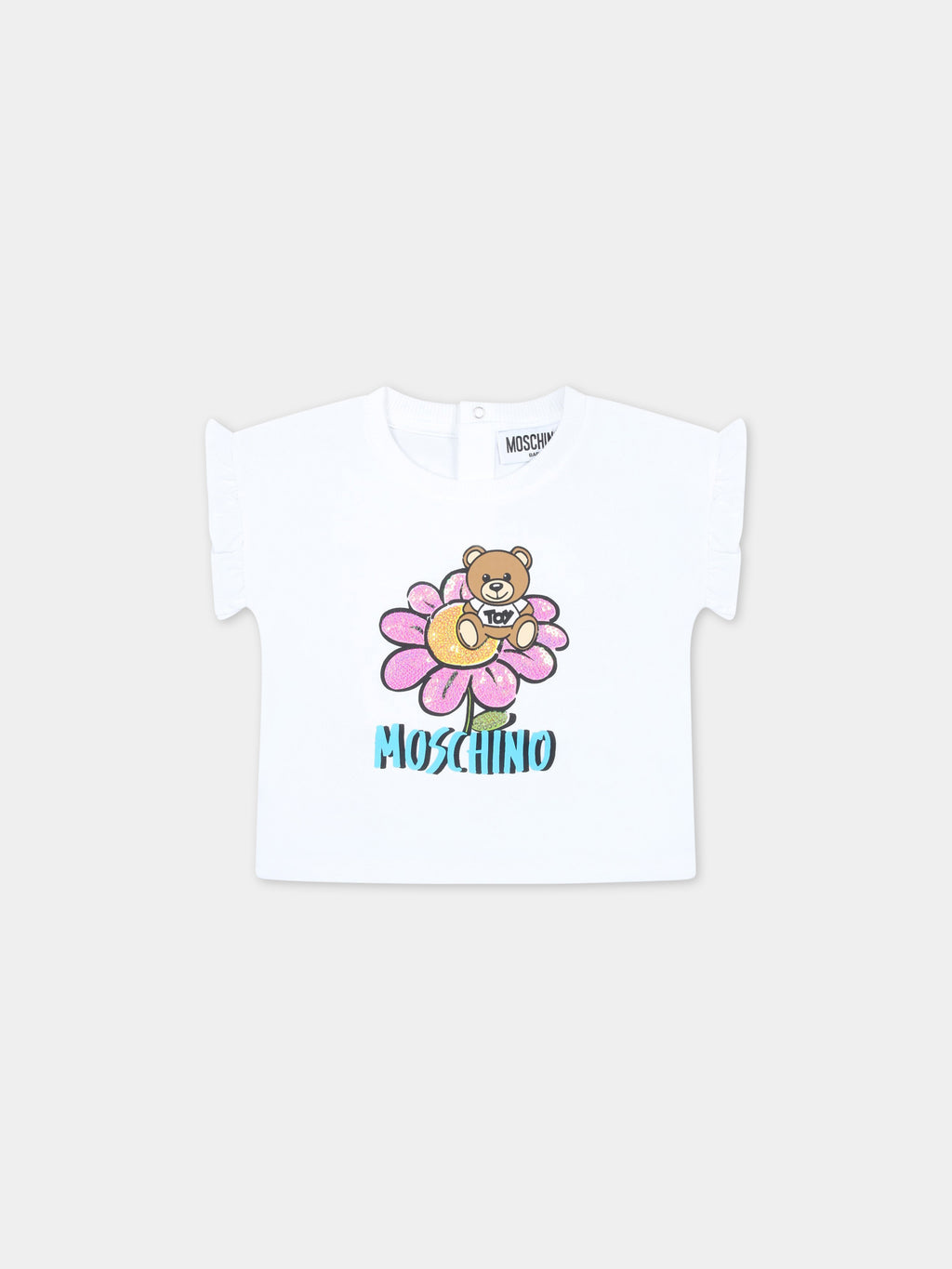 White T-shirt for baby girl with Teddy Bear and flowers
