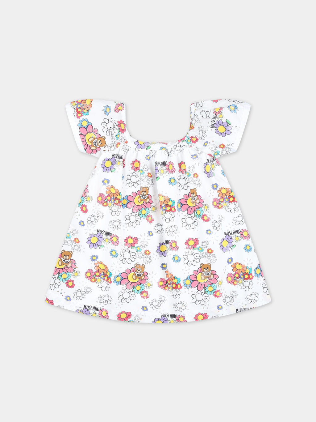 White dress for baby girl with Teddy Bear and flowers