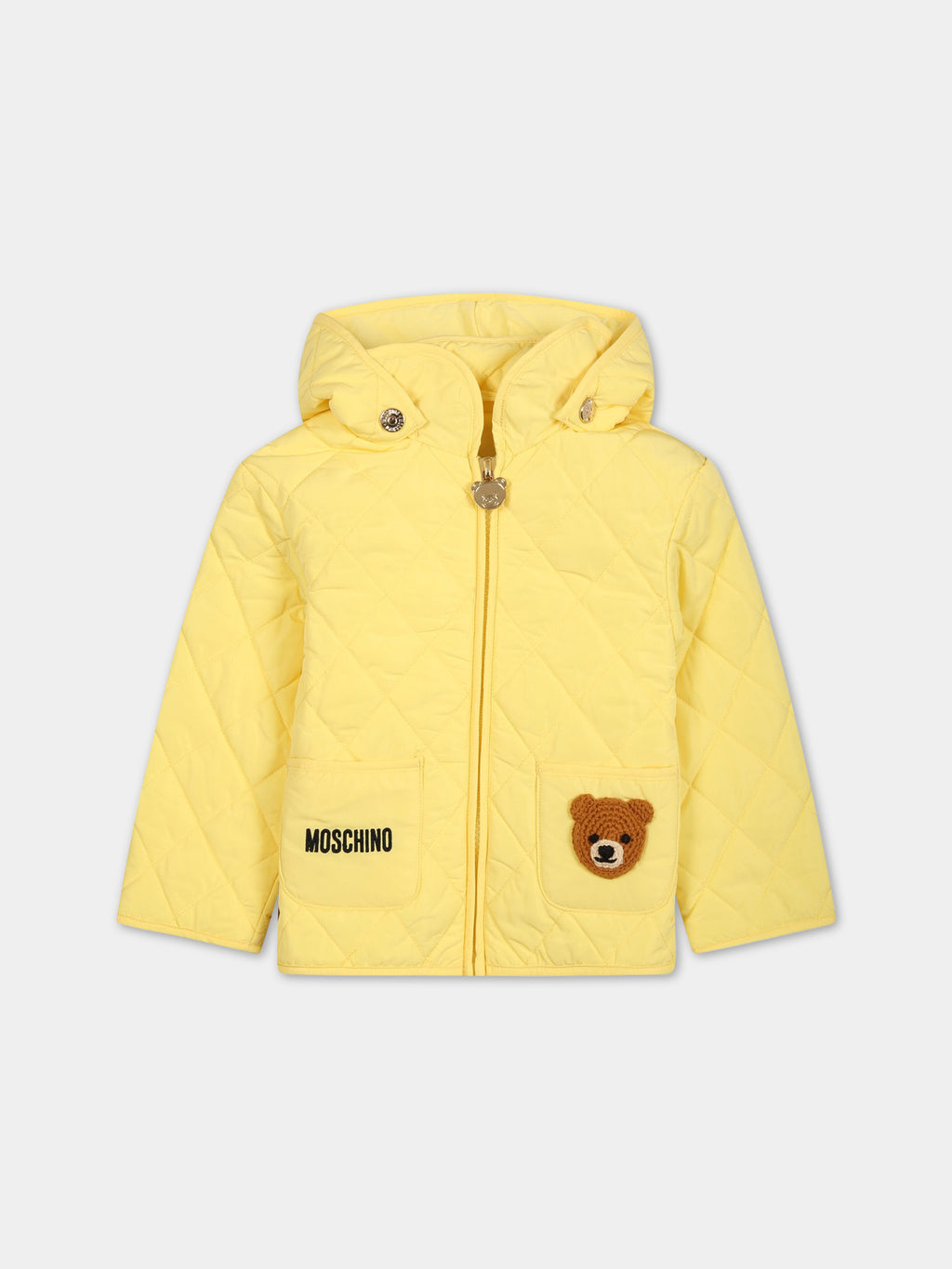 Yellow down jacket for babies with Teddy Bear and logo