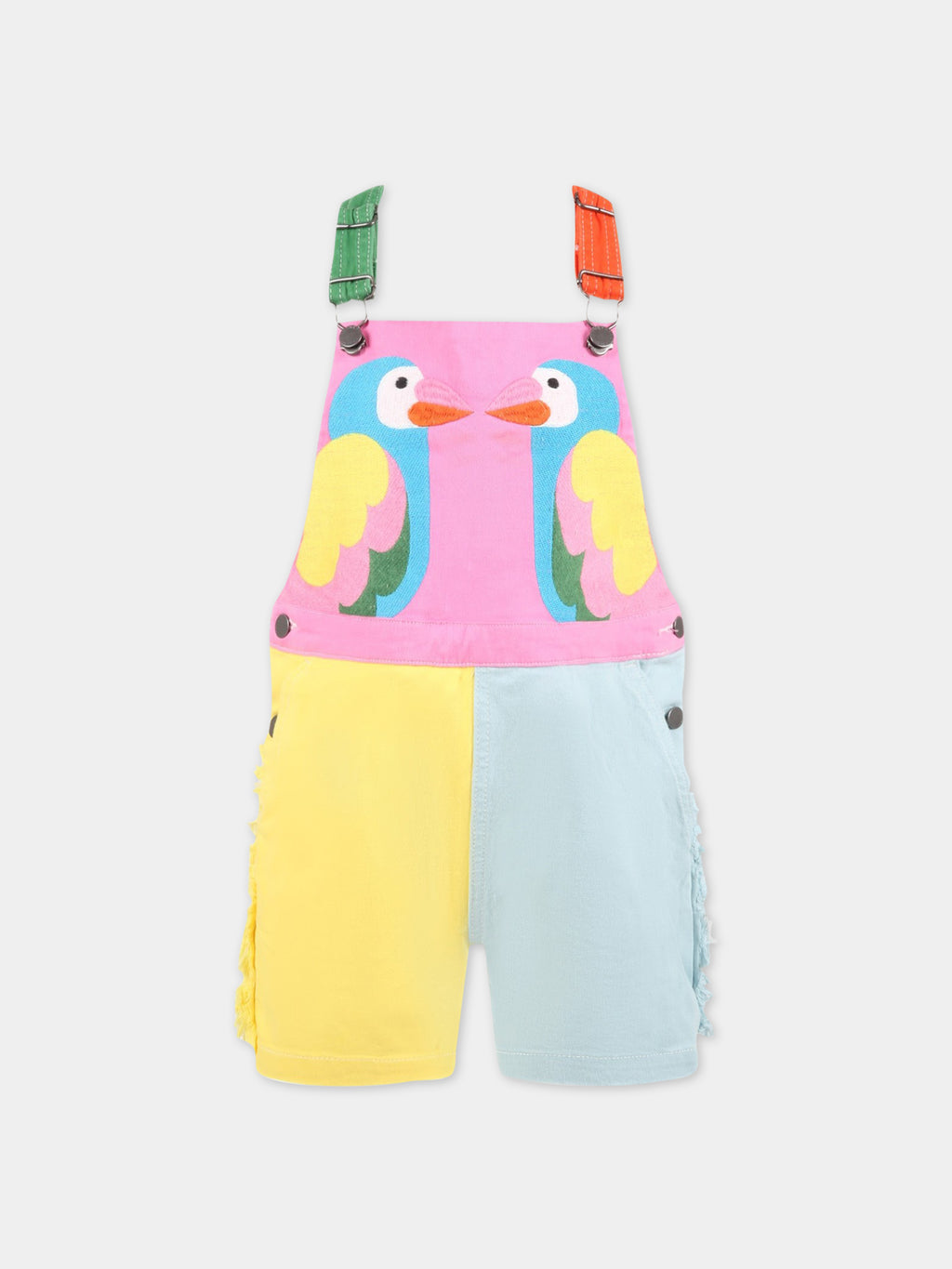 Multicolor dungarees for girl with parrots