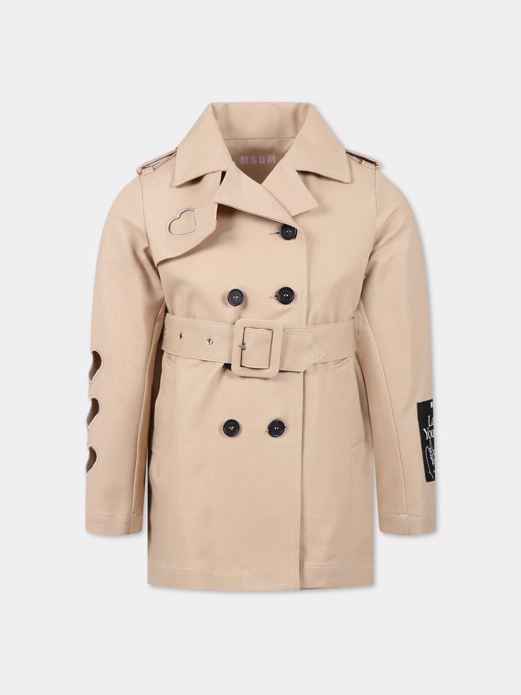 Beige coat for girl with hearts and logo