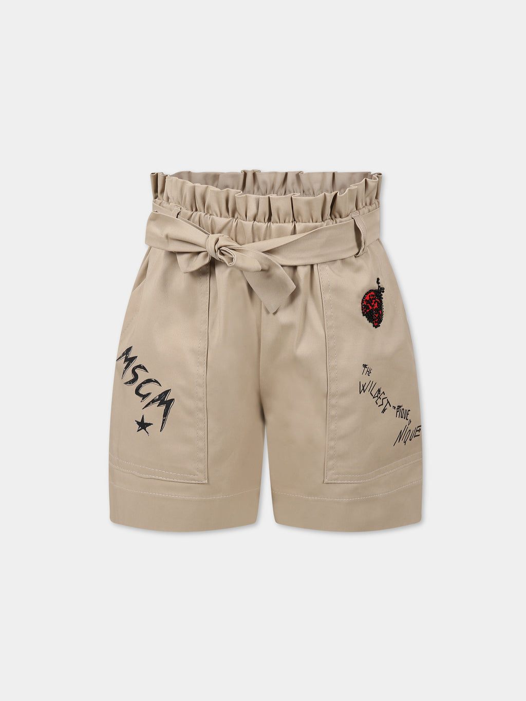 Beige shorts for girl with multicolor print and logo