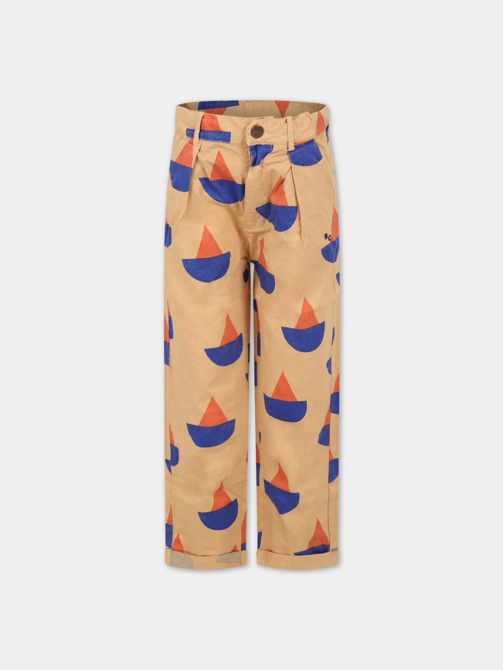 Beige trousers for boy with multicolor boat print all-over