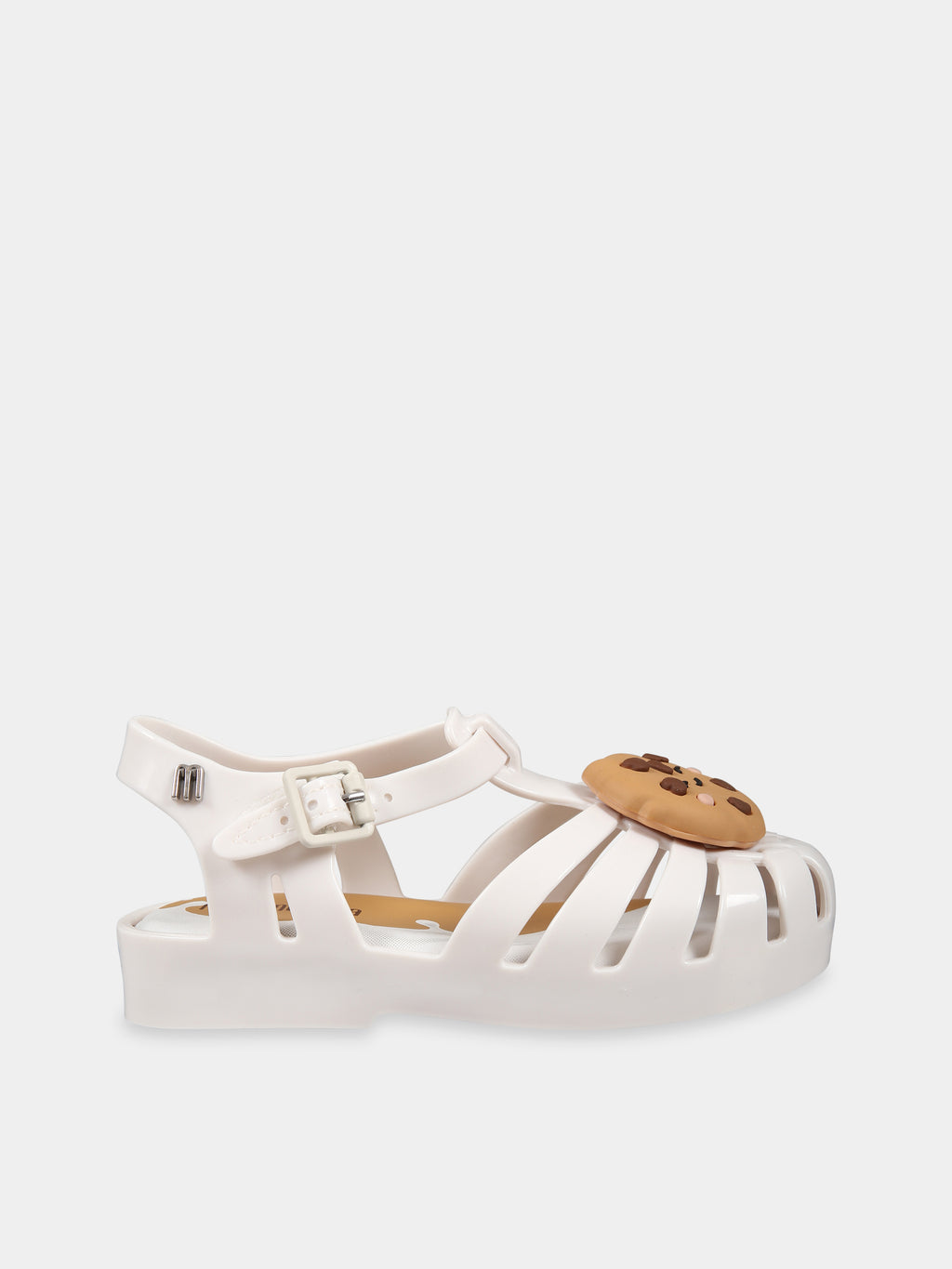 White sandals for kids with cookie and logo