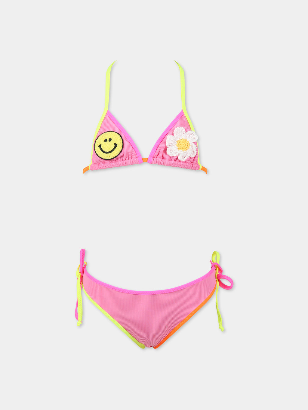 Bikini fucsia per bambina con logo, patch smile e fiore