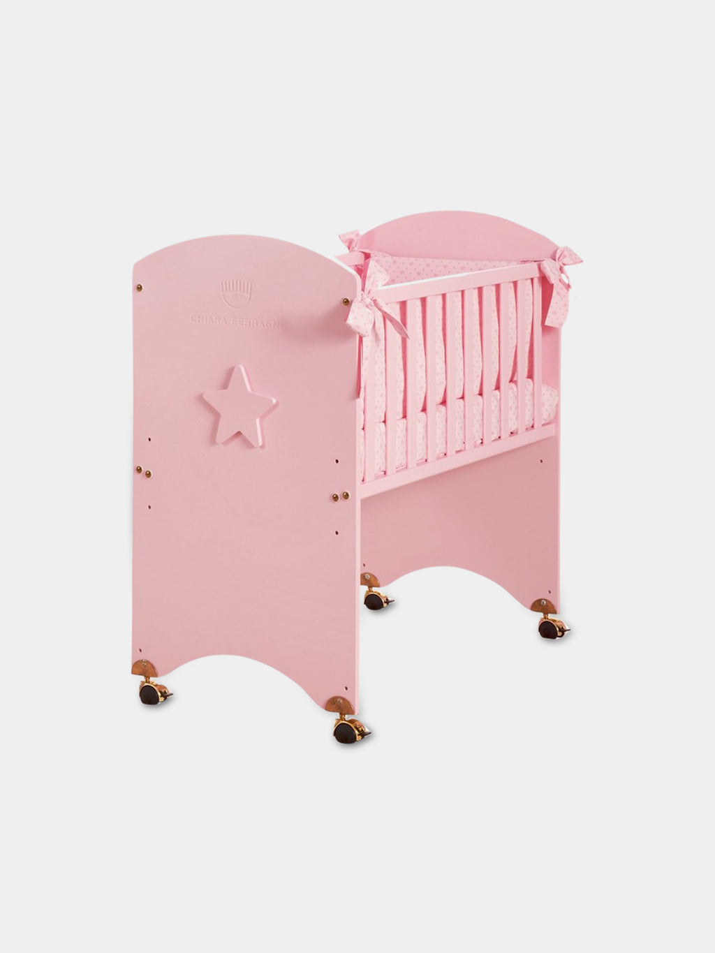 Pink Co-sleeping crib for baby girl with logo