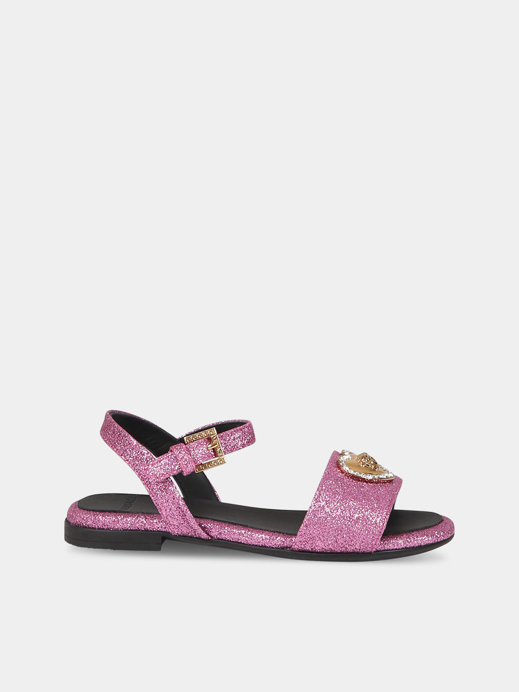 Fuchsia sandals for girl with Medusa and crystals