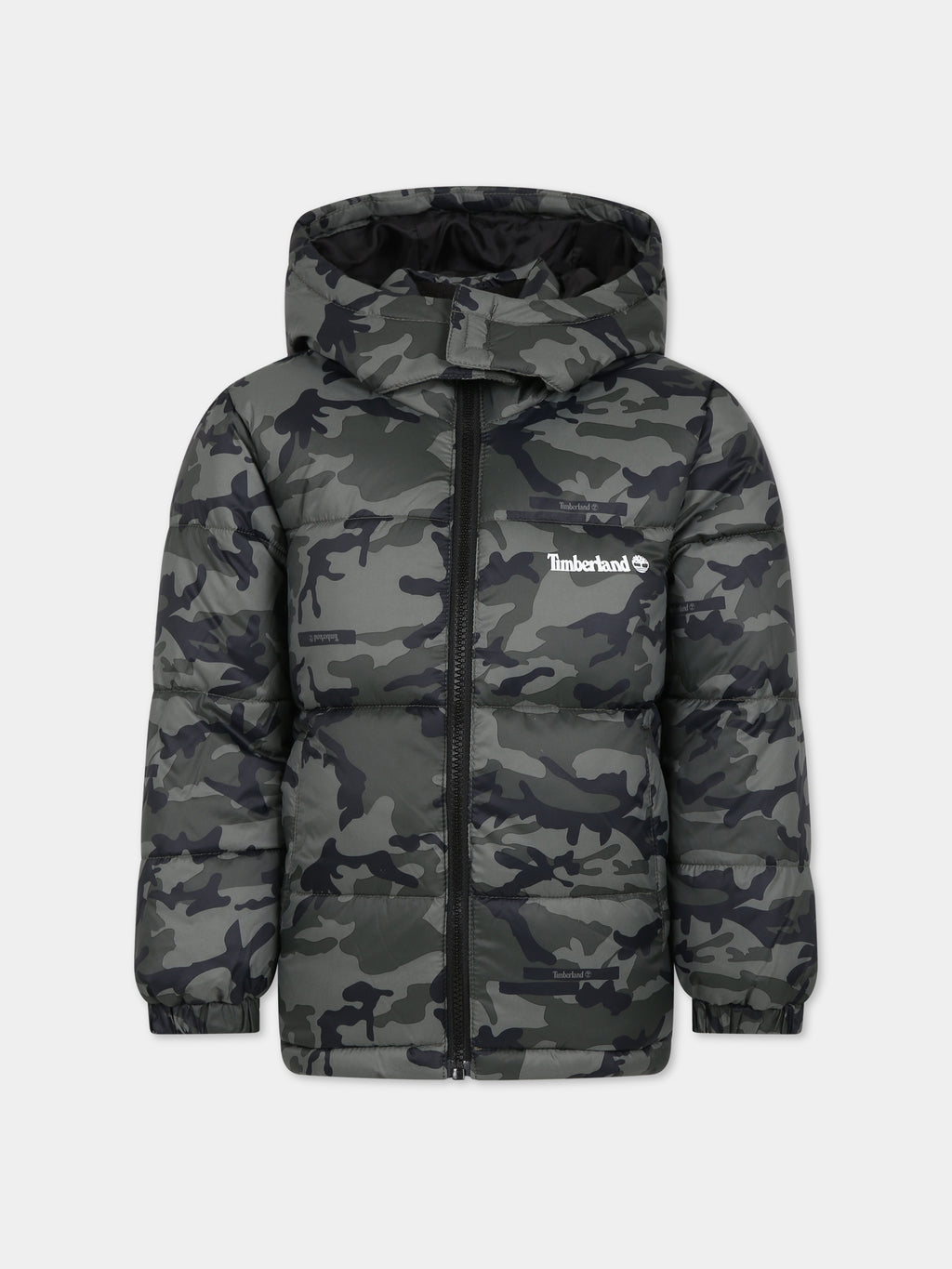 Green down jacket for boy with logo