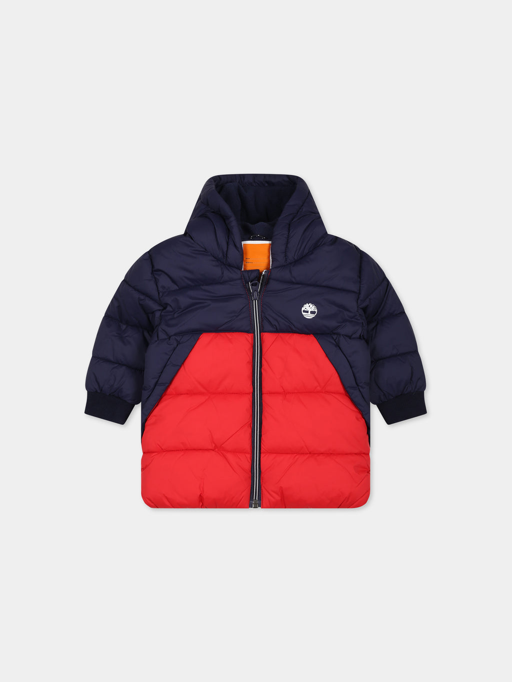 Blue down jacket for baby boy with logo