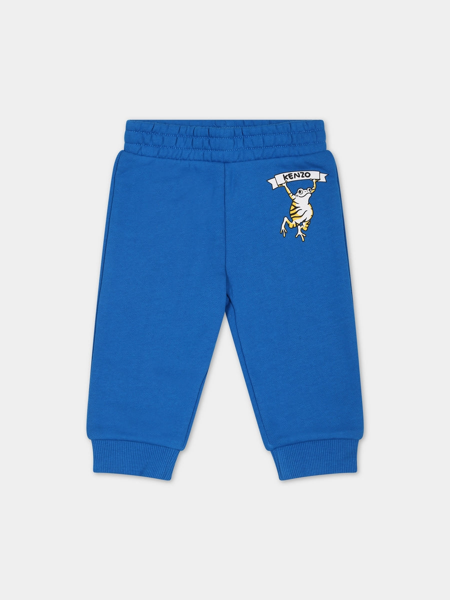Light blue trousers for baby boy with logo and print