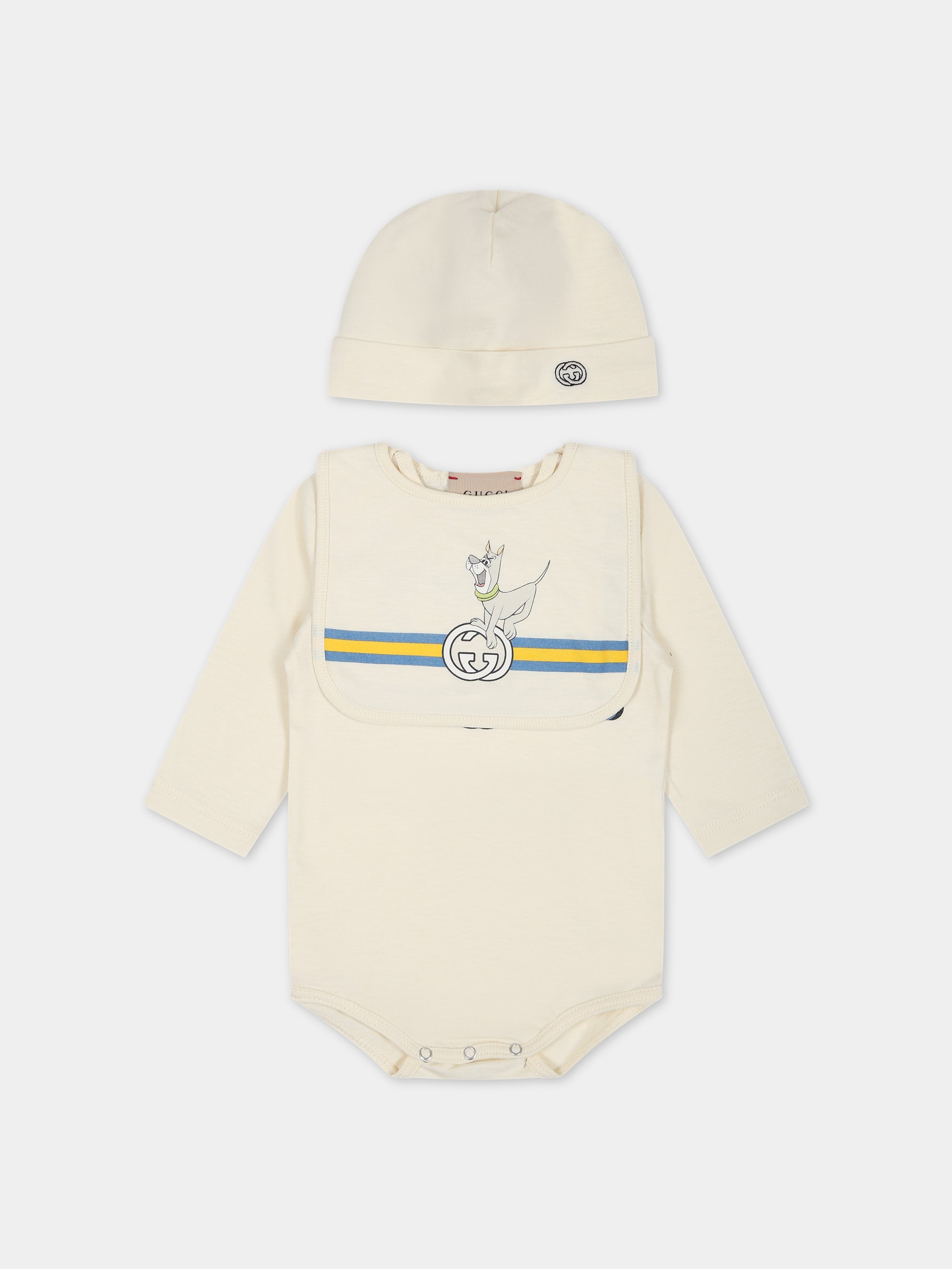 X The Jetsons Baby Bodysuit Bib And Beanie Set in Beige - Gucci Kids