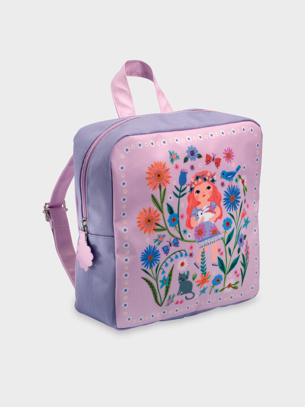 Pink backpack for girl with spring print