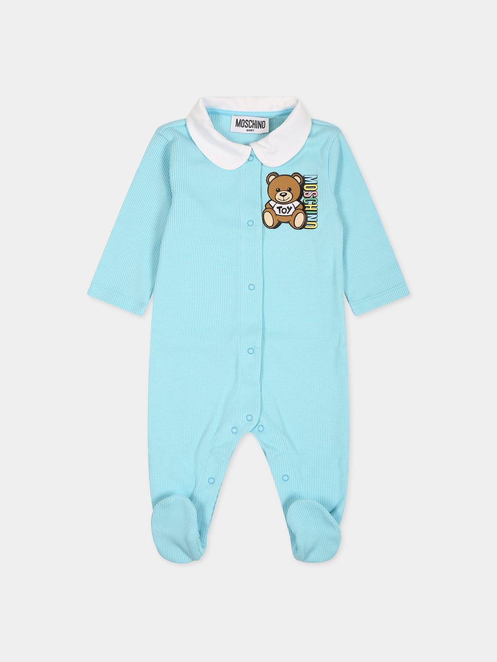 Light blue babygrow for baby boy with Teddy Bear and logo